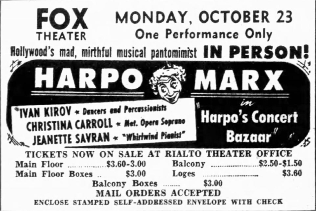 Harpo Marx ad from October 1950