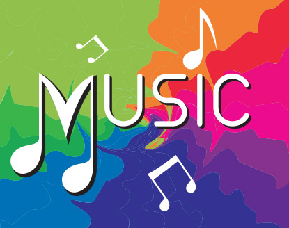 The word music with musical notes on a colorful background