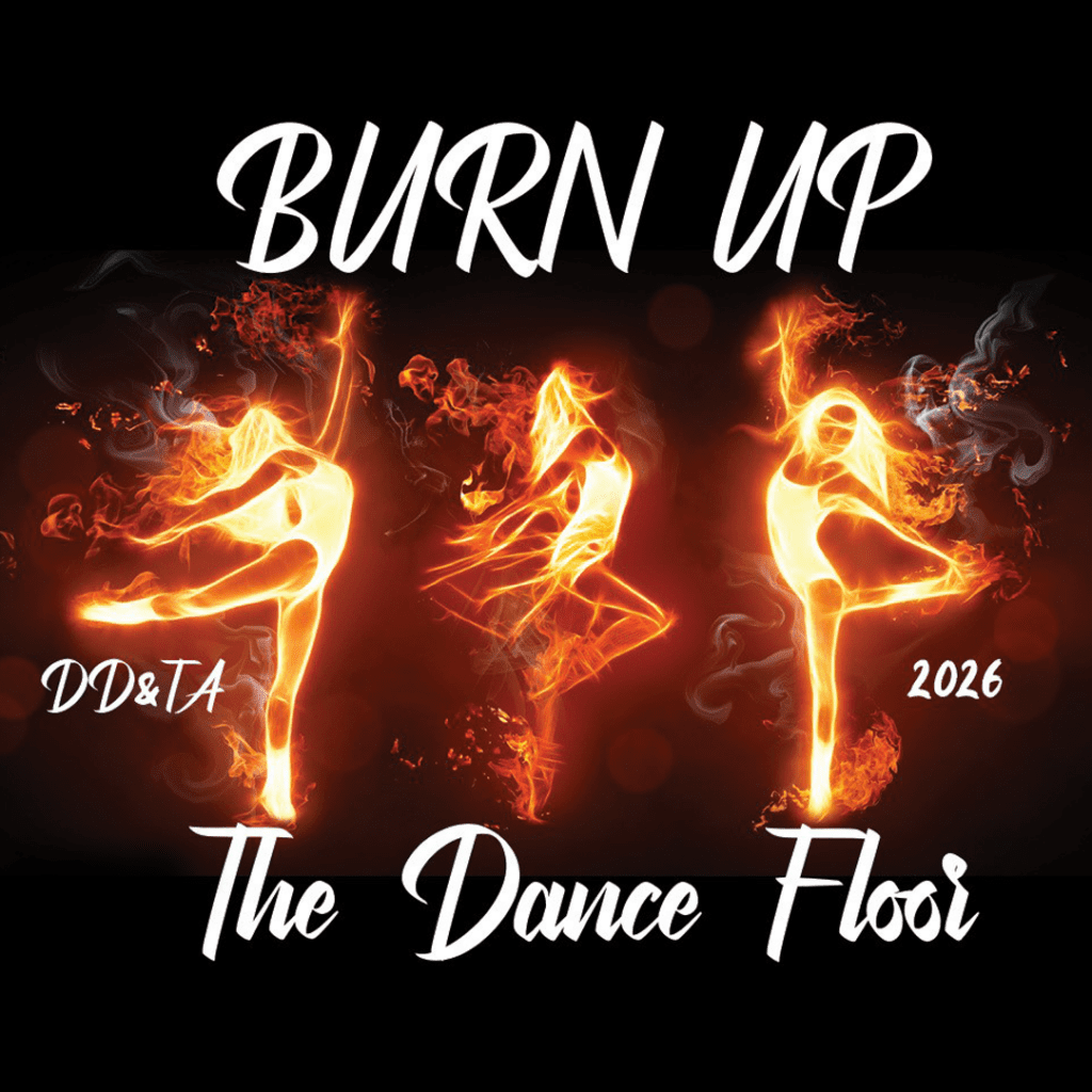 Fiery dance event poster with three flame dancers and the words 'BURN UP' above and 'The Dance Floor' below, 2026 edition.
