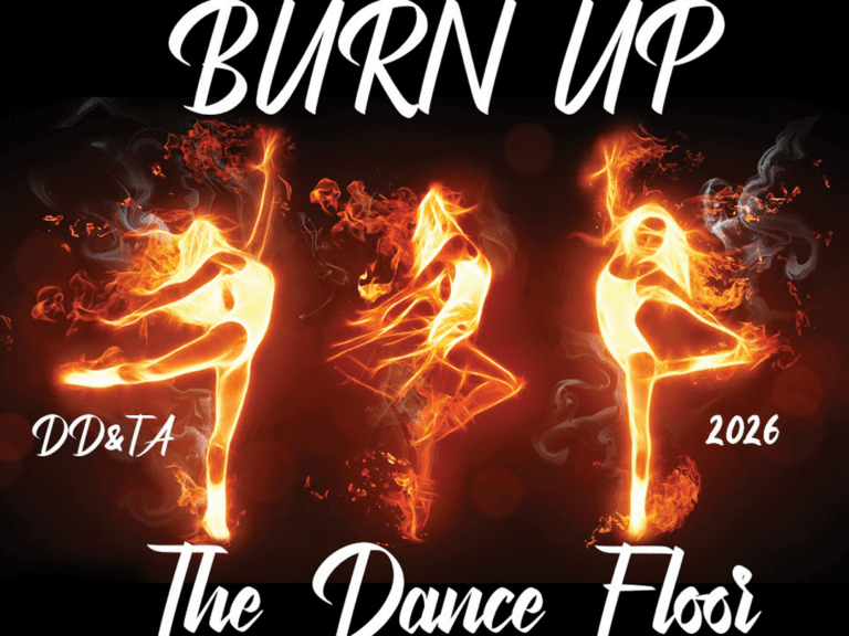 Fiery dance event poster with three flame dancers and the words 'BURN UP' above and 'The Dance Floor' below, 2026 edition.