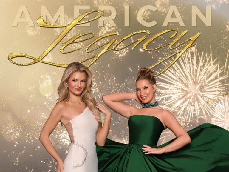 Poster for American Legacy pageant featuring two women in white and green gowns posing in front of a fireworks backdrop; text reads 'Miss Montana' and 'Miss Montana's Teen' with event details and a QR code.