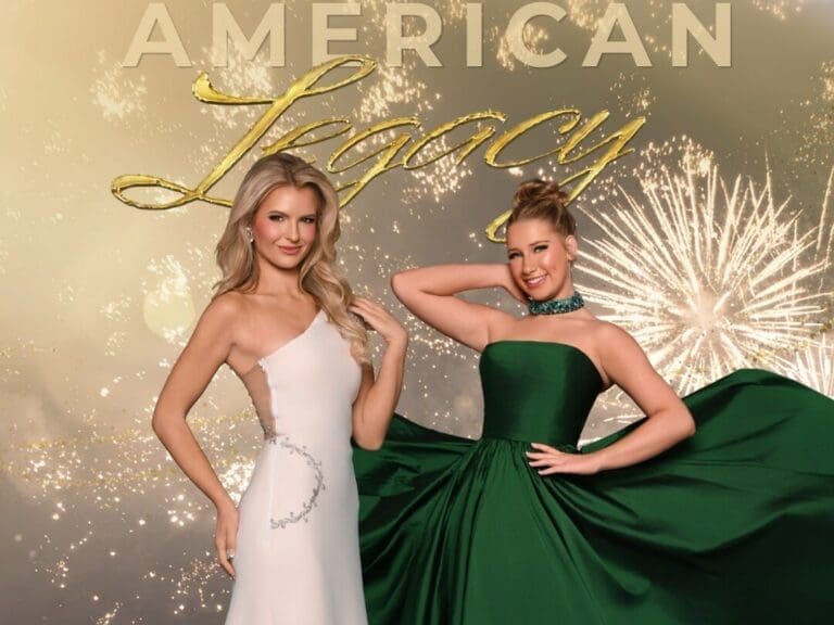 Poster for American Legacy pageant featuring two women in formal gowns (white and emerald green) posing before a gold-fireworks backdrop; event details and website shown at bottom.