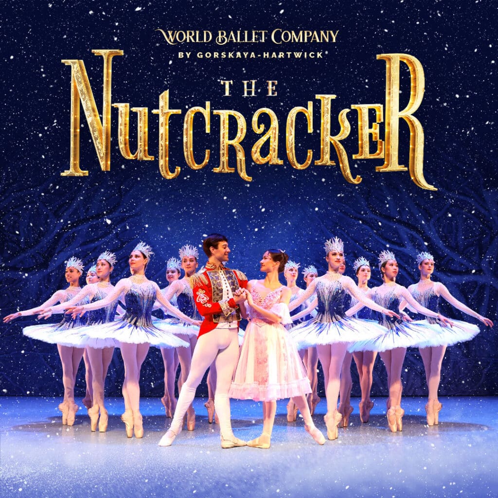 Poster for The Nutcracker by World Ballet Company with gold title on a snowy blue backdrop and a lead couple center stage among ballet dancers in white tutus.