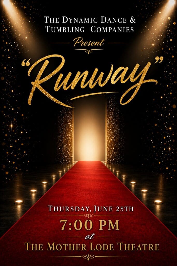 Golden-red carpet event poster announcing 'Runway' with glittering gold text and spotlighted doorway, big date and venue details below.