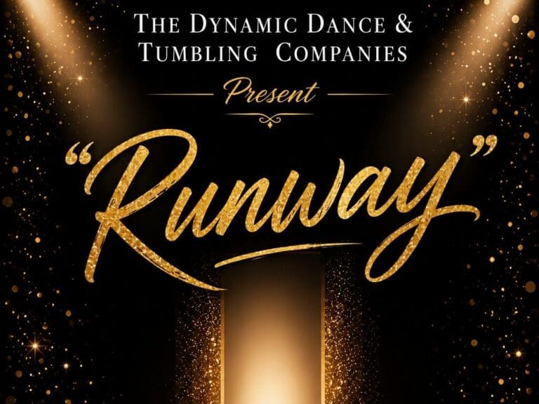 Golden-red carpet event poster announcing 'Runway' with glittering gold text and spotlighted doorway, big date and venue details below.