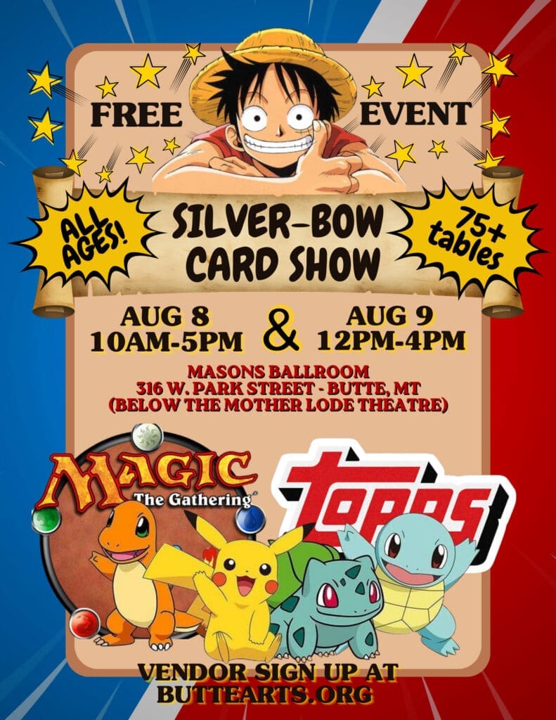 Colorful event poster for a free card show featuring Luffy and Pokémon characters; contains dates Aug 8–9 and venue details.
