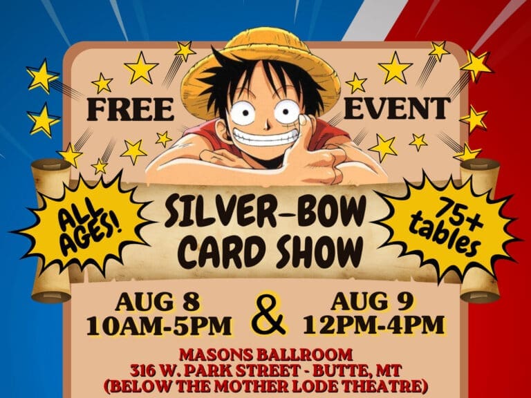 Colorful event poster for a free card show featuring Luffy and Pokémon characters; contains dates Aug 8–9 and venue details.