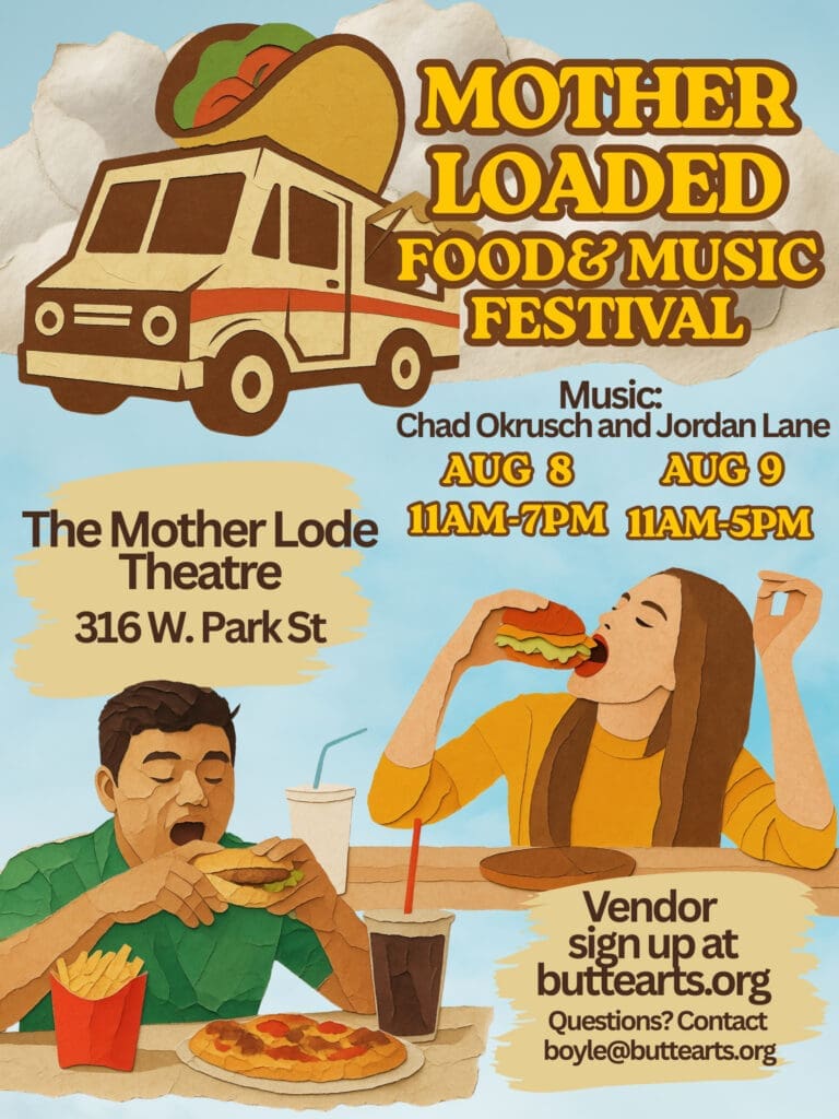 Poster for Mother Loaded Food & Music Festival, showing a cartoon food truck and people eating; includes venue and signup info.