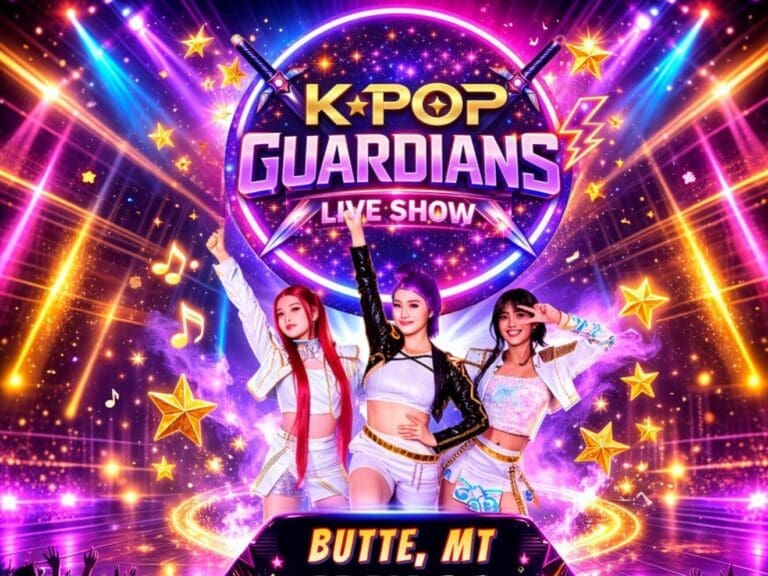 Poster for a K-Pop Guardians Live Show featuring three dancers in white outfits against a neon, starry stage with yellow stars and bright lights. Includes event details at bottom: Butte, MT; May 31; The Mother Lode Theatre; 4:00 PM & 6:30 PM.