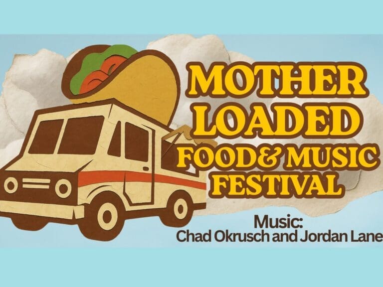 Retro-style festival poster advertising 'Mother Loaded Food & Music Festival' with a vintage food truck and taco collage on torn paper, blue sky background.