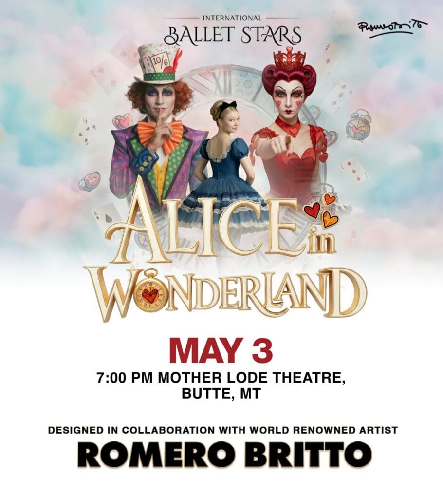 Promotional poster for Alice in Wonderland ballet featuring Alice in a blue dress between the Mad Hatter and Queen of Hearts on a pastel, cloud-like background.