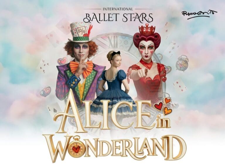 Promotional poster for Alice in Wonderland ballet featuring Alice in a blue dress between the Mad Hatter and Queen of Hearts on a pastel, cloud-like background.