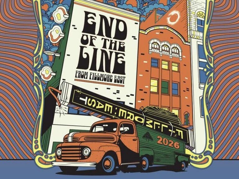 Colorful event poster with a retro truck, vintage sign reading 'End of the Line', and venue/date details at the bottom.