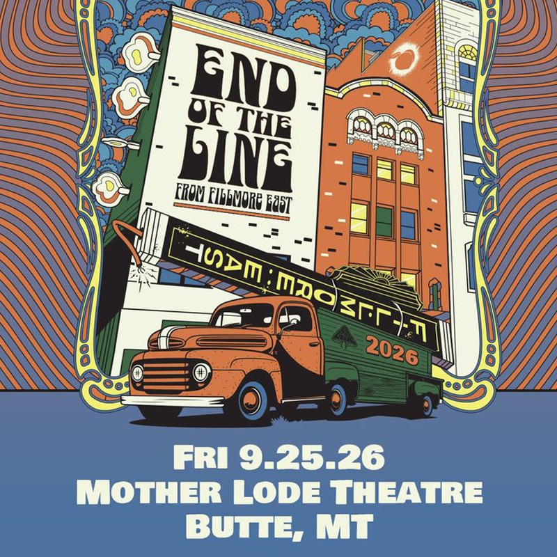 Colorful event poster with a retro truck, vintage sign reading 'End of the Line', and venue/date details at the bottom.