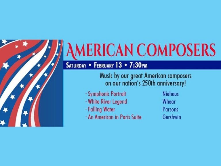 Patriotic poster advertising an American Composers concert on Saturday, February 13 at 7:30 pm with a red‑white‑blue design and star graphic on the left.