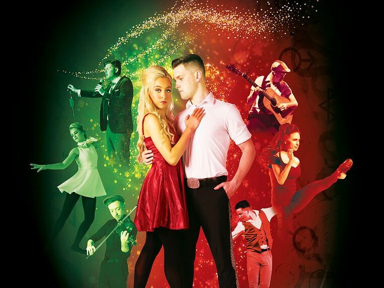 Poster for 'A Celtic Christmas' by A Taste of Ireland, showing a dancing couple center stage with colorful green and red backgrounds and musicians around them.