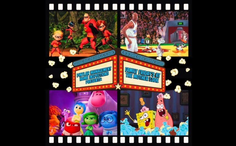 Collage-style poster featuring The Incredibles characters on the left and Looney Tunes characters with a basketball player on the right, framed by retro theater marquee signs.