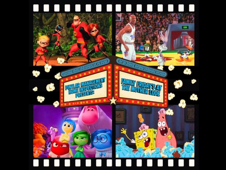 Collage-style poster featuring The Incredibles characters on the left and Looney Tunes characters with a basketball player on the right, framed by retro theater marquee signs.