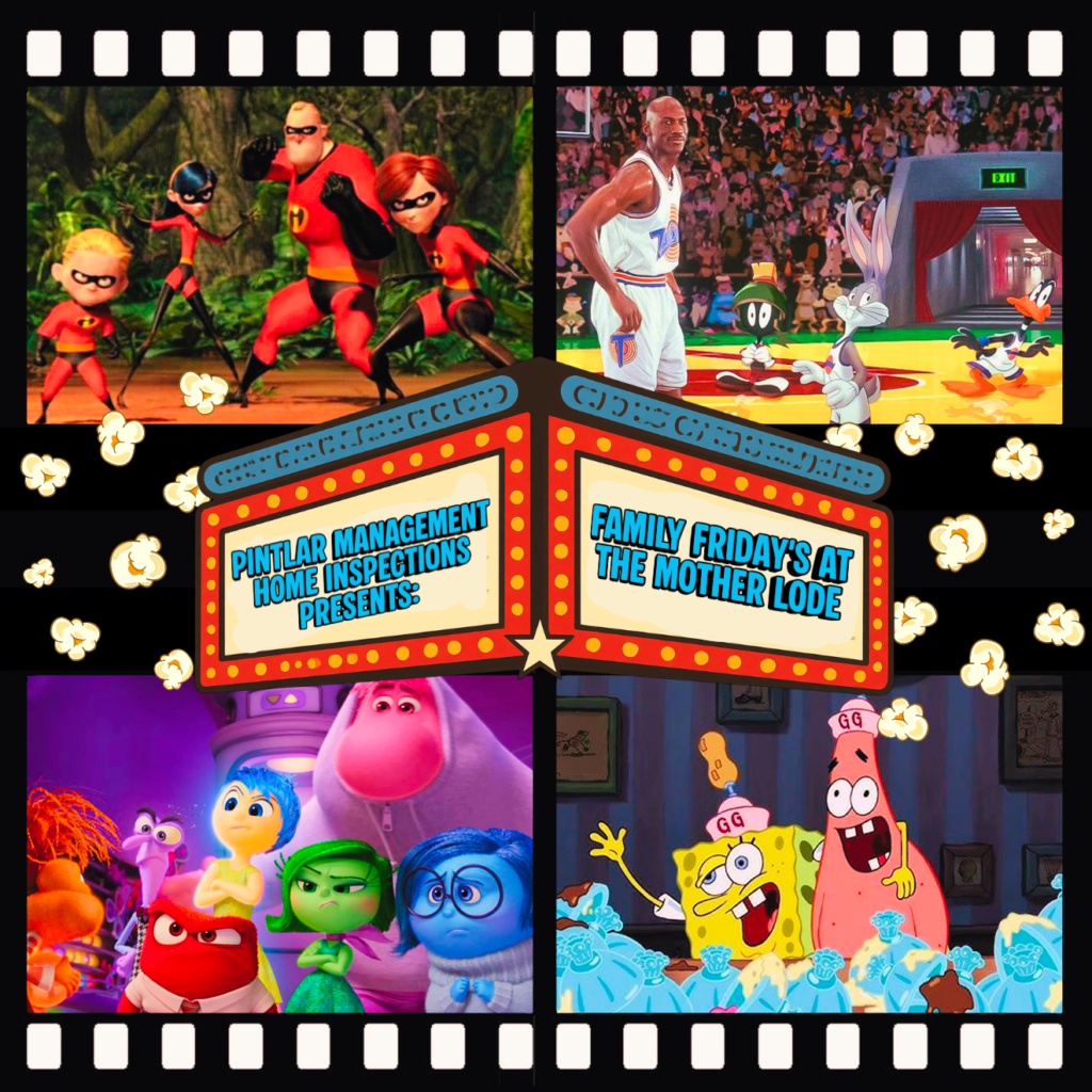 Colorful collage promoting a family movie night: four animated scenes around a central popcorn-speckled marquee, featuring The Incredibles, a basketball-themed cartoon, Inside Out characters, and SpongeBob–style characters, with film-strip borders.