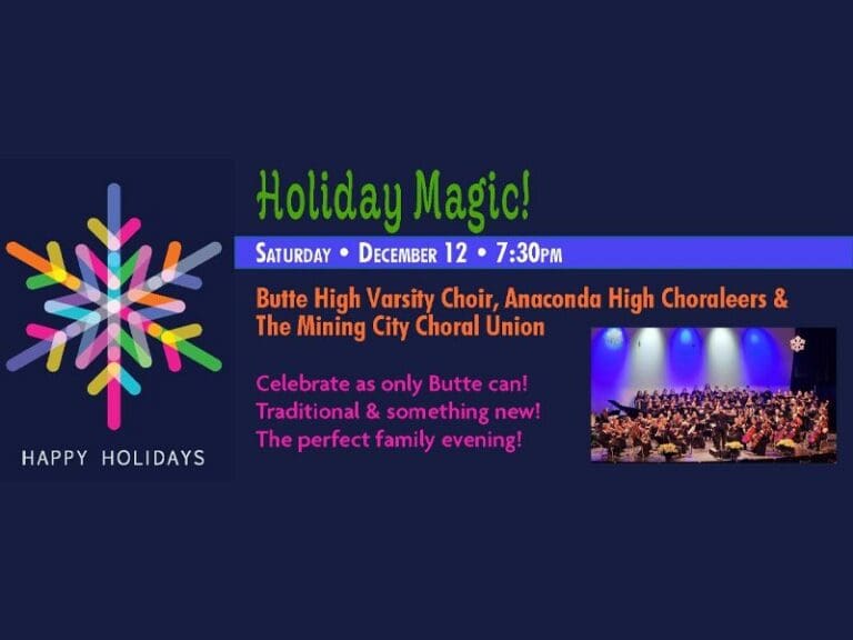 Poster for 'Holiday Magic!' featuring a colorful snowflake/starburst on the left and concert details on the right, including date and choir names.