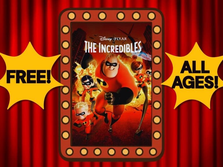 Poster advertising Family Friday’s at the Mother Lode by Pintlar Management, featuring The Incredibles and a free, all-ages event sign.