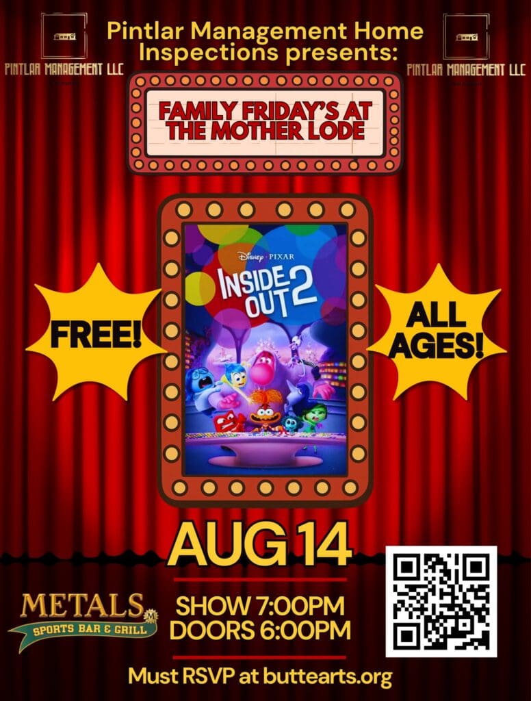 Promotional poster for 'Inside Out 2' screening on Aug 14 at Metal Sports Bar & Grill, family-friendly event.