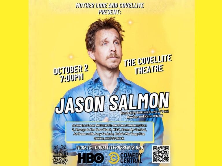 Bright yellow comedy poster promoting Jason Salmon at The Covellite Theatre, Oct 2, 7:00 PM (hosted by Brittani Ferris).