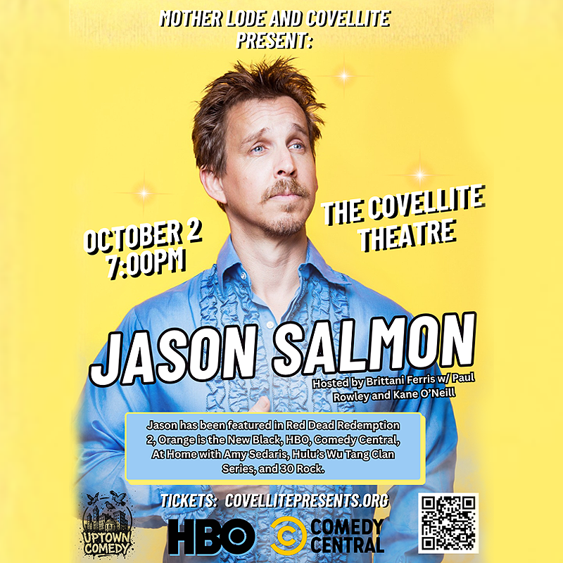 Bright yellow poster advertising Jason Salmon's comedy show at Covellite Theatre, Oct 2 at 7:00 PM (hosted by Brittani Ferris).