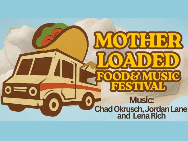 Retro-style poster for 'Mother Loaded' Food & Music Festival featuring a taco-topped truck against a blue sky.
