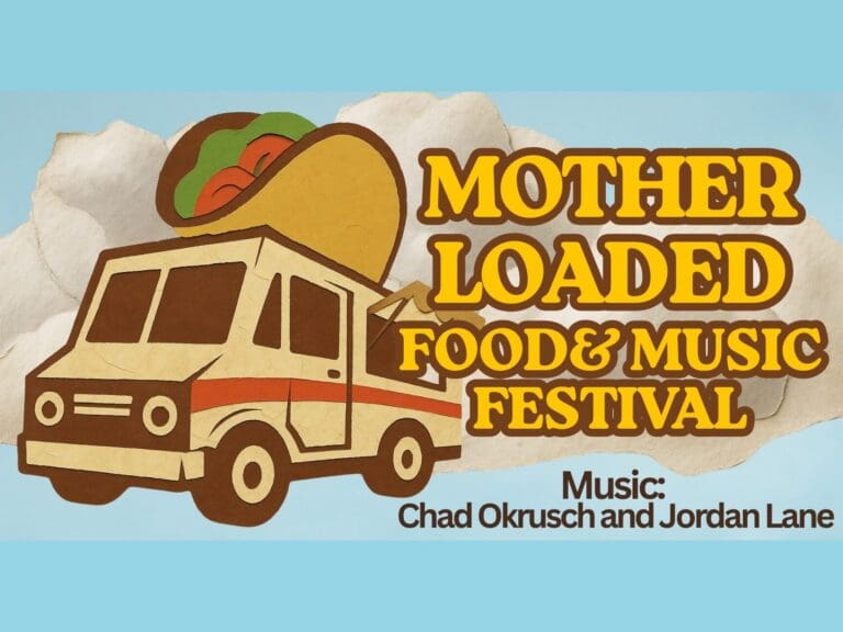 Retro-style festival poster with a taco-topped food truck and large yellow text 'MOTHER LOADED FOOD & MUSIC FESTIVAL'