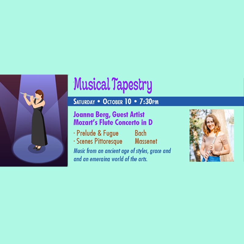 Promotional poster for a Classical concert called Musical Tapestry with a flutist on the left and event details on a turquoise background.