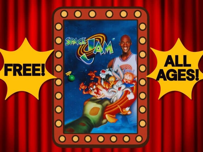 Poster for 'Family Friday's at the Mother Lode' event by Pintlar Management; features Space Jam image, 'FREE' and 'ALL AGES' tags, date July 31 (RSVP shown).