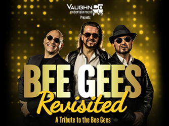 Promotional poster for 'Bee Gees Revisited,' a Bee Gees tribute show, featuring three musicians against a gold confetti backdrop.