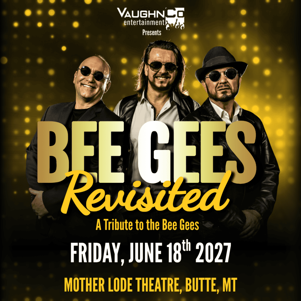 Poster for Bee Gees Revisited tribute show by VaughnCo Entertainment; three men in sunglasses on a gold-bokeh backdrop, bold title text, event details below.