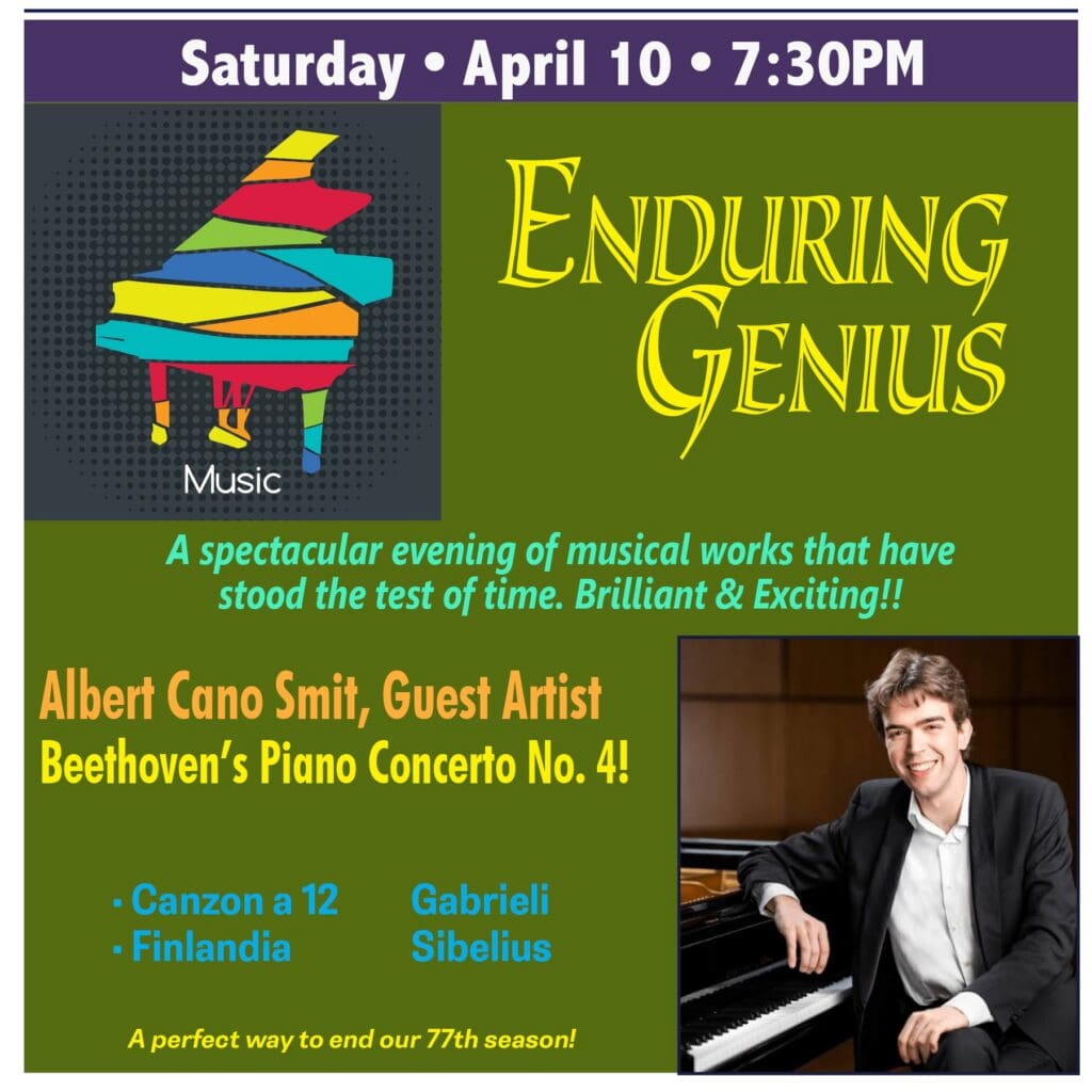 Poster advertising 'Enduring Genius' concert event with colorful stacked-paper graphic on the left and bold yellow script text on olive background; subtitle in teal.