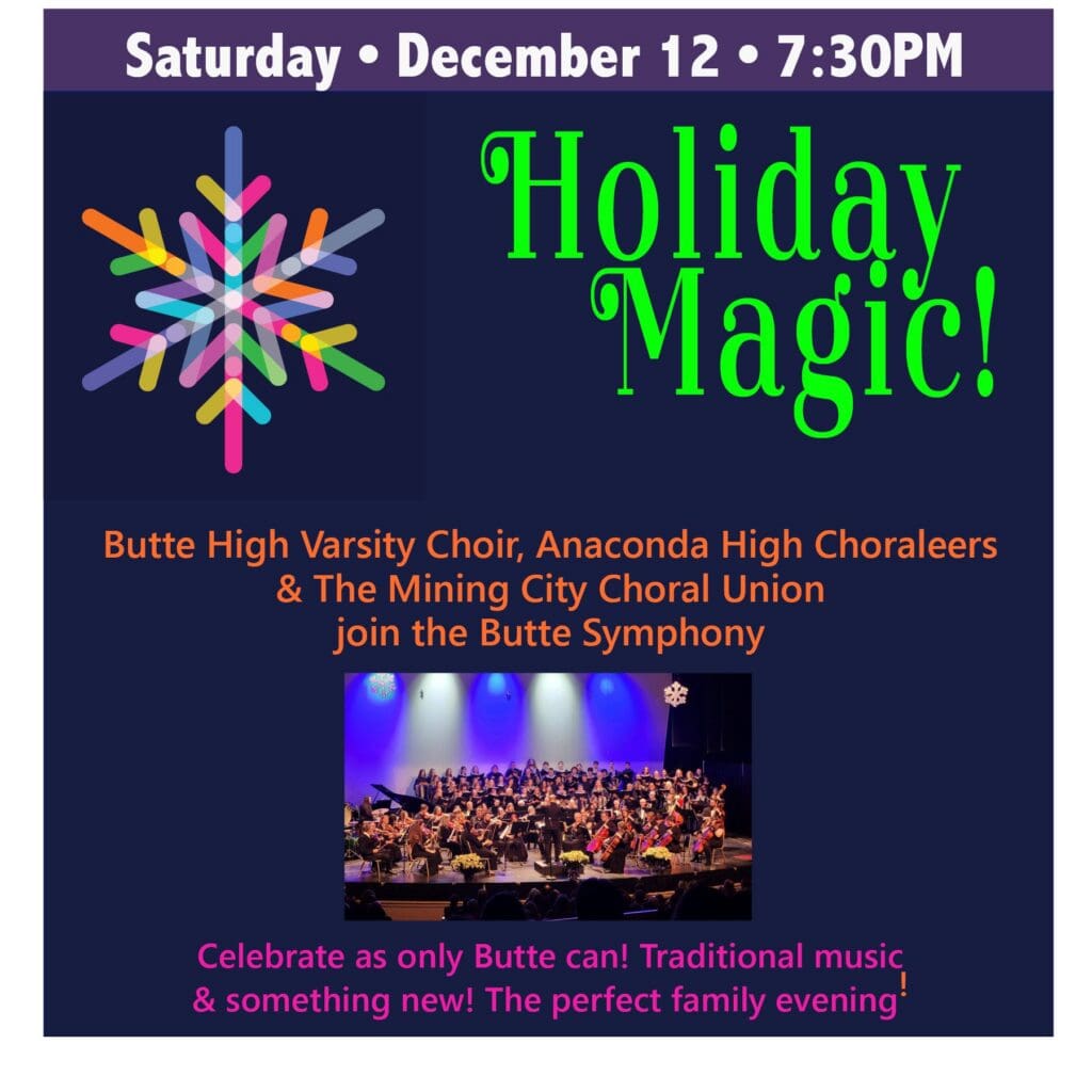 Holiday Magic! concert poster with a colorful snowflake graphic, neon green title, and choir photo; event on Saturday, December 12 at 7:30 PM.