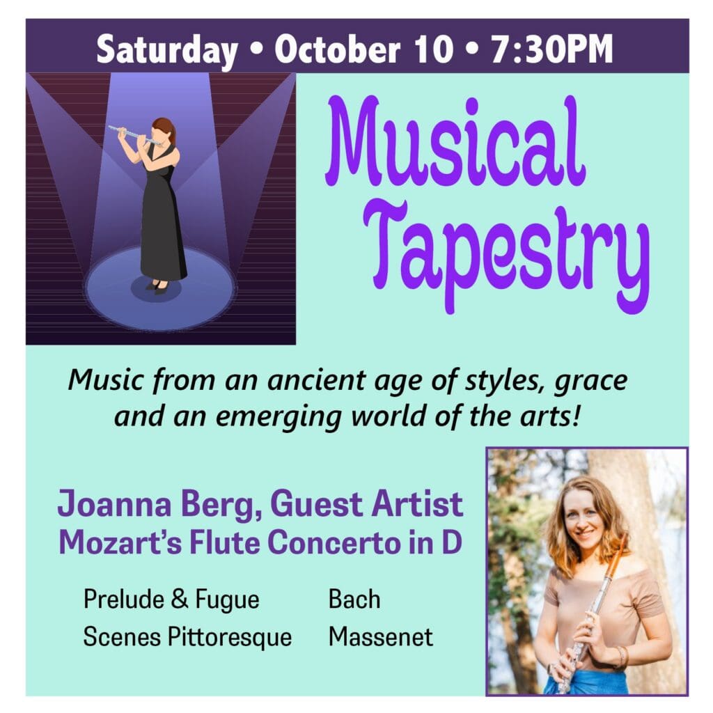 Concert poster for Musical Tapestry with a female flutist on the left and the bold title on a turquoise panel on the right.