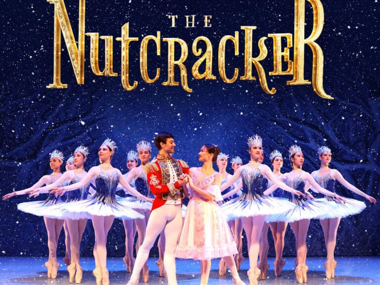 Poster for The Nutcracker by World Ballet Company with gold title on a snowy blue backdrop and a lead couple center stage among ballet dancers in white tutus.