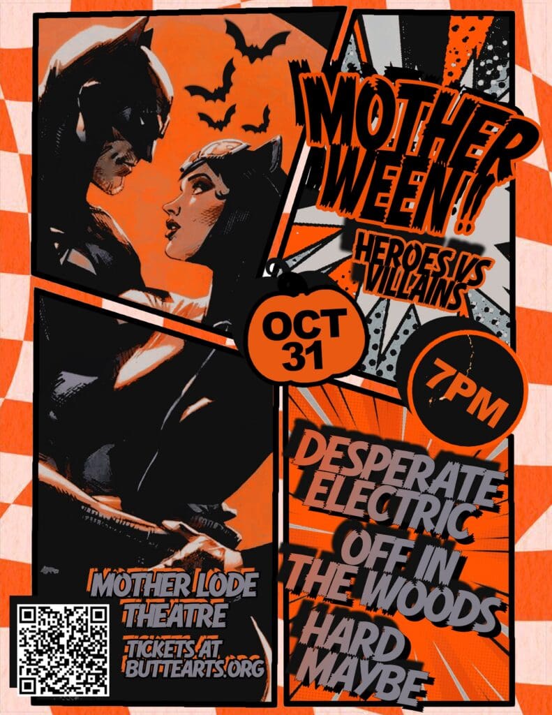 Halloween poster for Oct 31 at Mother Lode Theatre, featuring a vintage comic panel, bats, and a QR code.