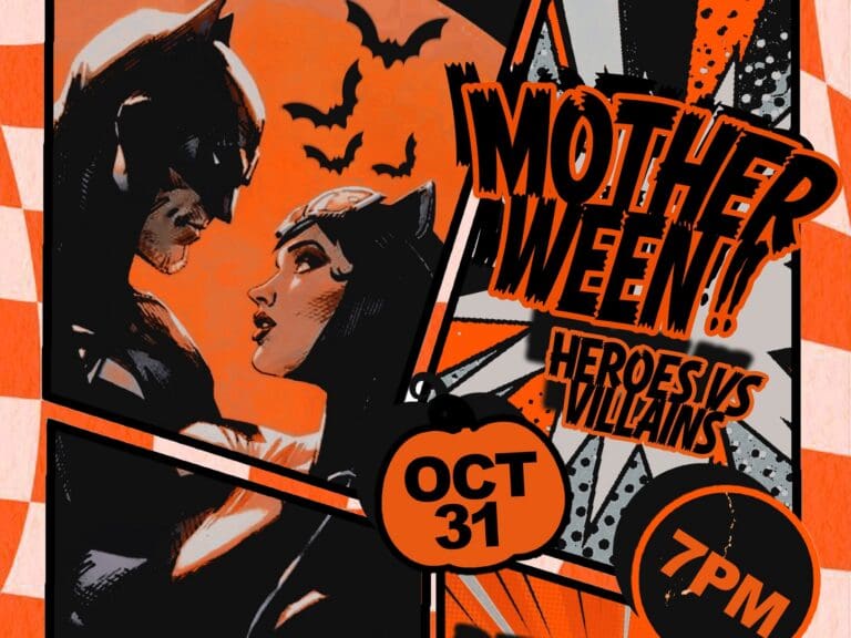 Halloween poster for Oct 31 at Mother Lode Theatre, featuring a vintage comic panel, bats, and a QR code.