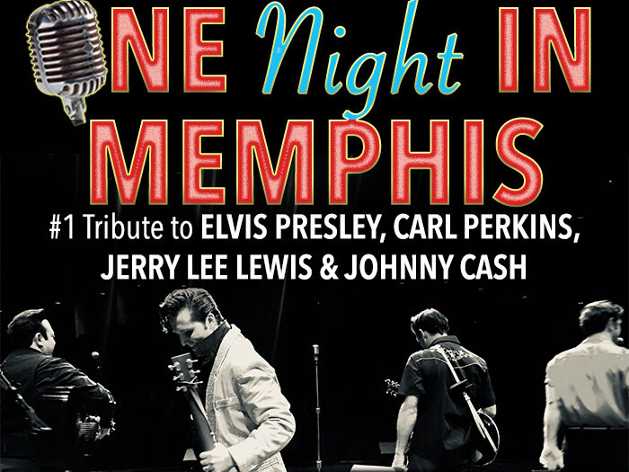 Poster for NE Night In Memphis tribute show; Elvis Presley and rock-and-roll legends honored; black-and-white band on stage with a retro mic.
