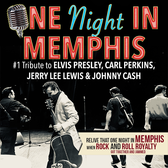 Poster for NE Night In Memphis tribute show; Elvis Presley and rock-and-roll legends honored; black-and-white band on stage with a retro mic.