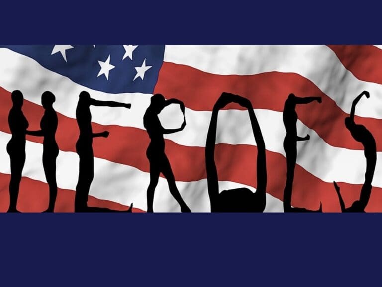 Silhouetted figures spell 'HEROES' against a waving American flag background.