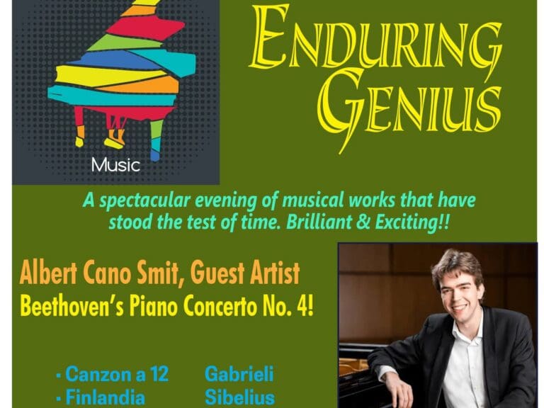Poster advertising 'Enduring Genius' concert event with colorful stacked-paper graphic on the left and bold yellow script text on olive background; subtitle in teal.