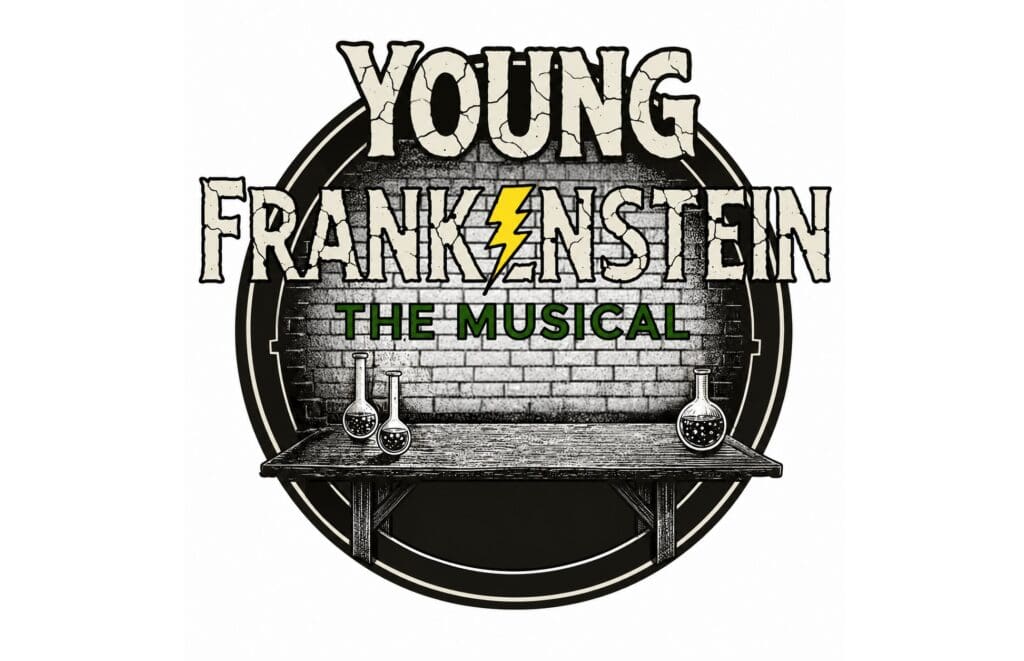 Logo for Young Frankenstein The Musical with cracked beige letters, a yellow lightning bolt, brick background, circular frame, and flasks on a lab table.