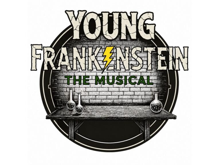 Logo for Young Frankenstein The Musical with cracked beige letters, a yellow lightning bolt, brick background, circular frame, and flasks on a lab table.