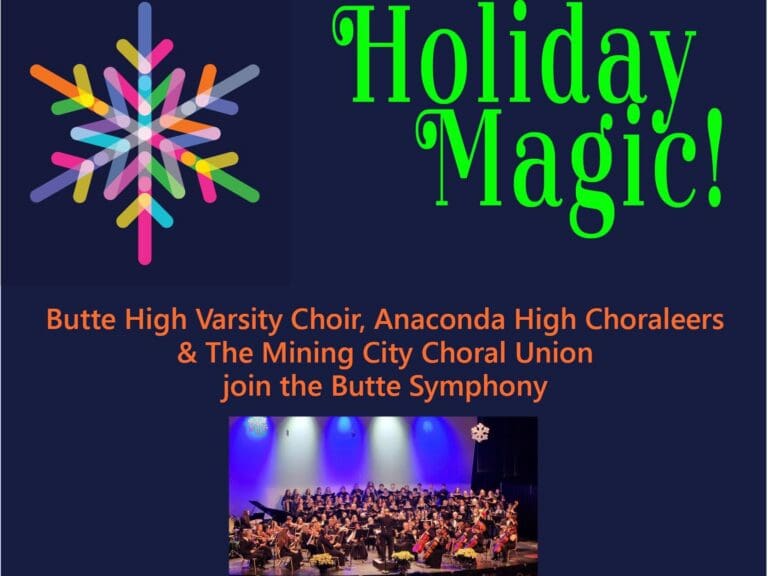Holiday Magic! concert poster with a colorful snowflake graphic, neon green title, and choir photo; event on Saturday, December 12 at 7:30 PM.