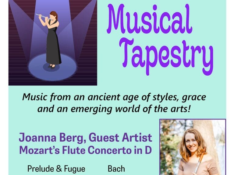 Concert poster for Musical Tapestry with a female flutist on the left and the bold title on a turquoise panel on the right.