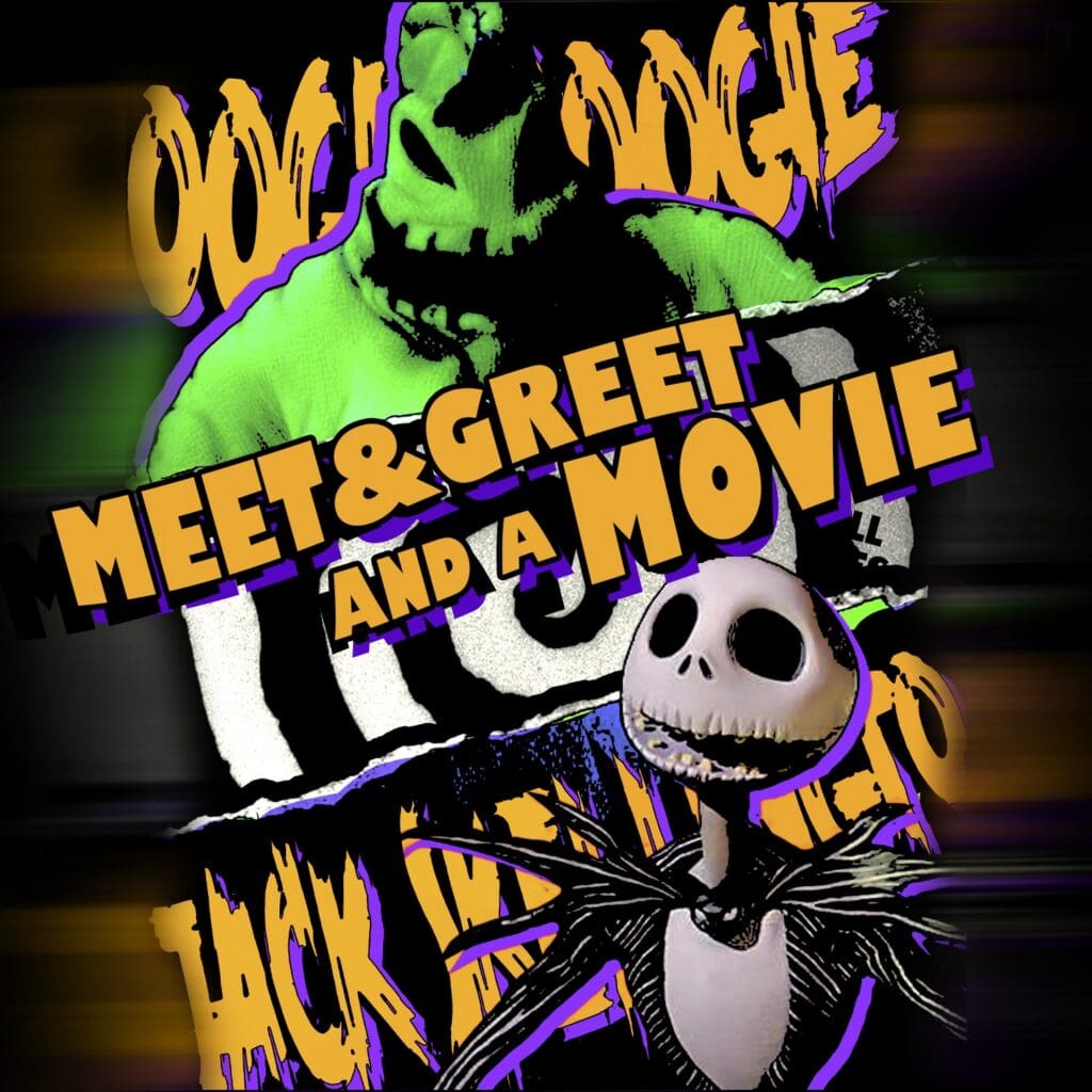 Colorful Halloween poster with a green zombie, purple accents, and bold orange text reading 'Meat & Greet and a Move' and a skull at the bottom.
