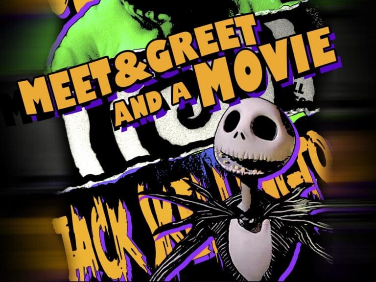 Colorful Halloween poster with a green zombie, purple accents, and bold orange text reading 'Meat & Greet and a Move' and a skull at the bottom.